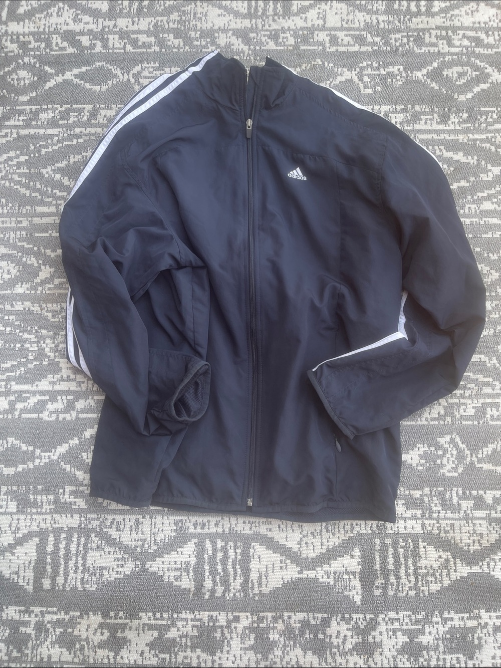 adidas Navy Windbreaker Jacket with White Stripe Accents